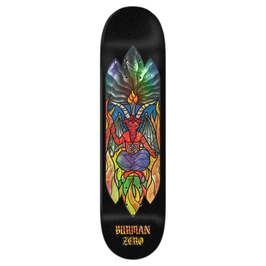 Skateboard deck with colorful design and 'Burman Zero' branding on a white background