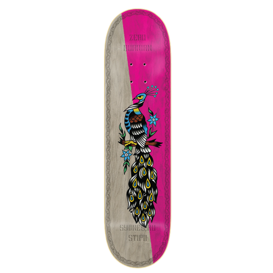 Skateboard deck with a colorful design on a white background