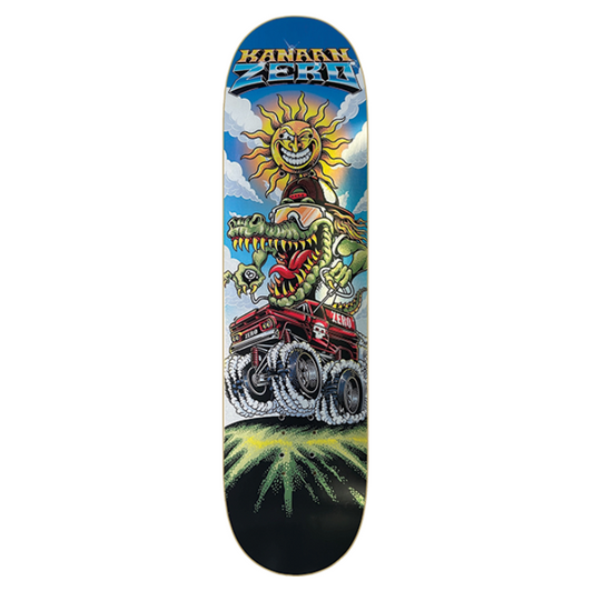 Skateboard deck with a colorful design featuring a sun and a character on a white background