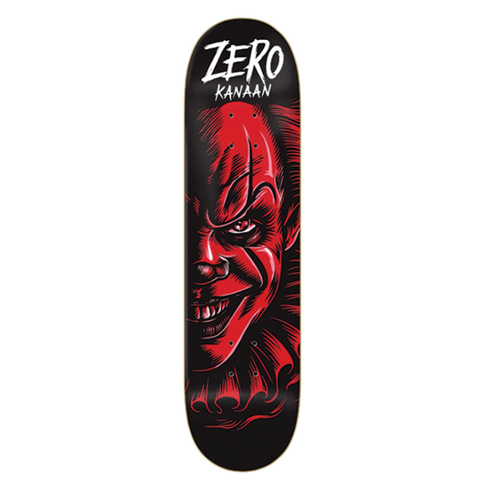 Skateboard deck with a red and black design and 'Zero' branding on a white background