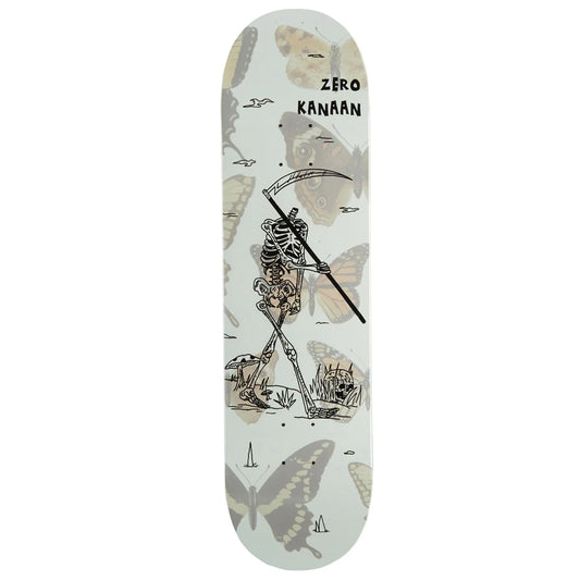 Skateboard deck with a skeleton holding a scythe design on a light background