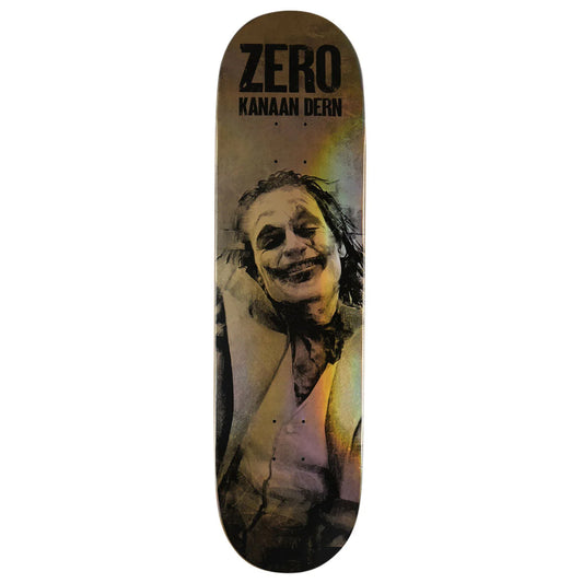 A skateboard deck featuring a stylized portrait of the Joker with the text 'ZERO' and 'KANAAN DERN' printed on the top surface, shown against a plain white background.