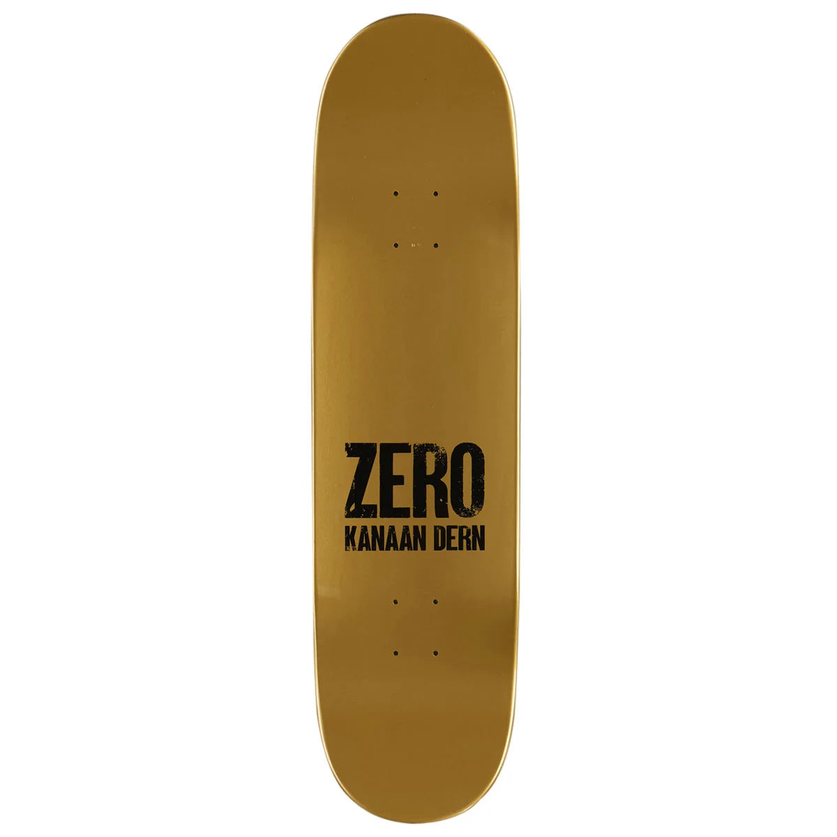 A gold skateboard deck with black printed text reading 'ZERO' and 'KANAAN DERN' in the center, shown against a plain white background.