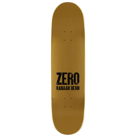 A gold skateboard deck with black printed text reading 'ZERO' and 'KANAAN DERN' in the center, shown against a plain white background.