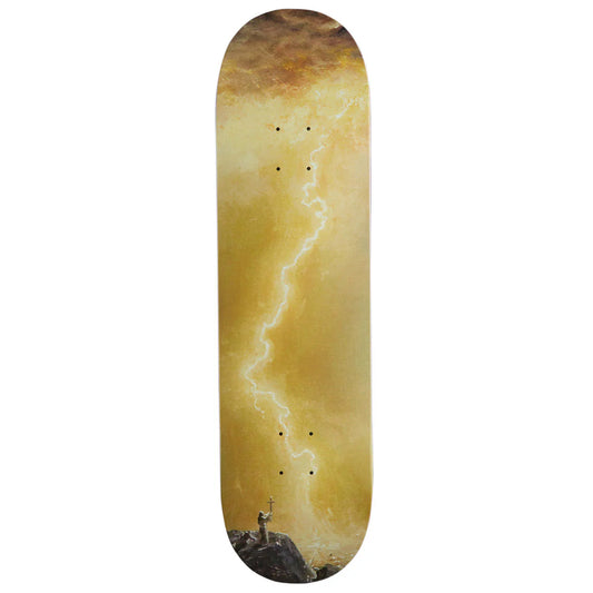 Skateboard deck with a design of a mountain and lightning on a yellow background