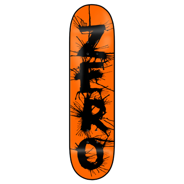An orange skateboard deck with a bold black graphic spelling 'ZERO' in a cracked splatter font.