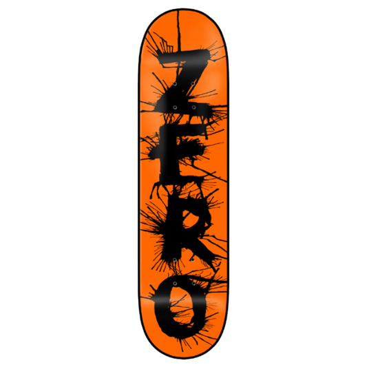 An orange skateboard deck with a bold black graphic spelling 'ZERO' in a cracked splatter font.