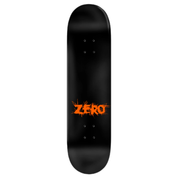 A black skateboard deck with a bold orange 'ZERO' graphic printed in a distressed, paint-splatter style across the center.