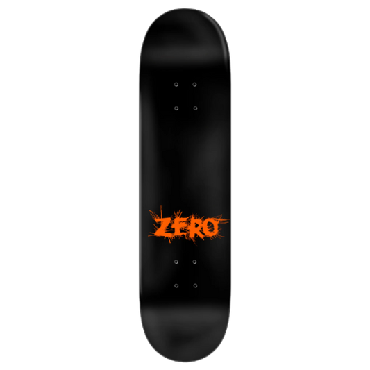 A black skateboard deck with a bold orange 'ZERO' graphic printed in a distressed, paint-splatter style across the center.