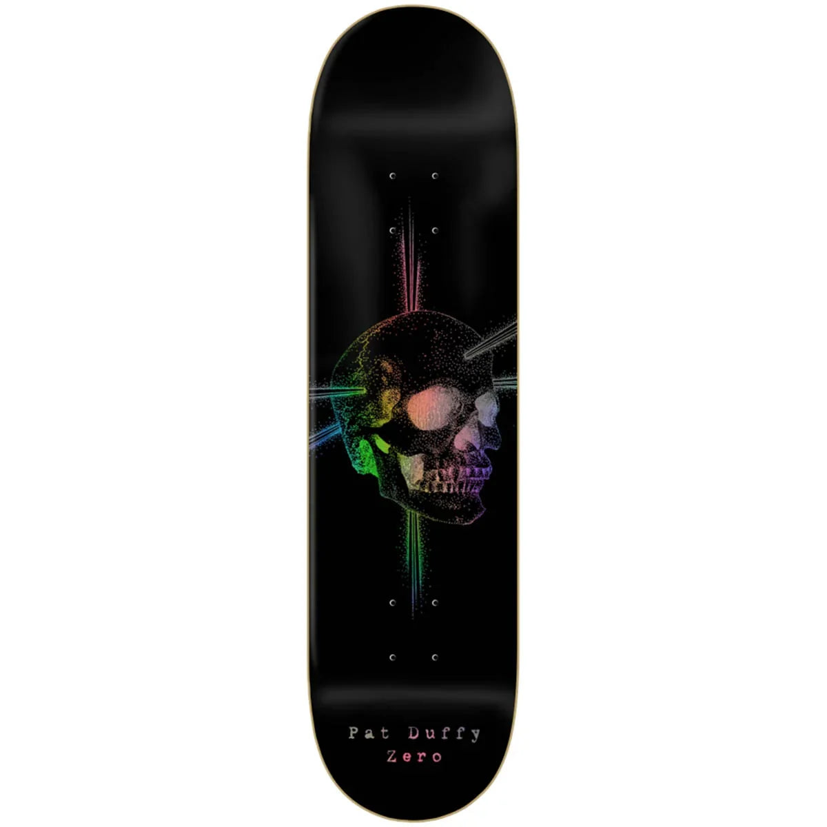 A black skateboard deck featuring a colorful skull graphic in the center with a rainbow gradient and the text 'Pat Duffy Zero' printed near the bottom.