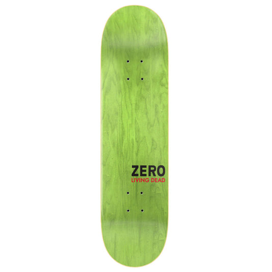 Green skateboard deck with 'Zero' and 'Living Dead' branding on a white background