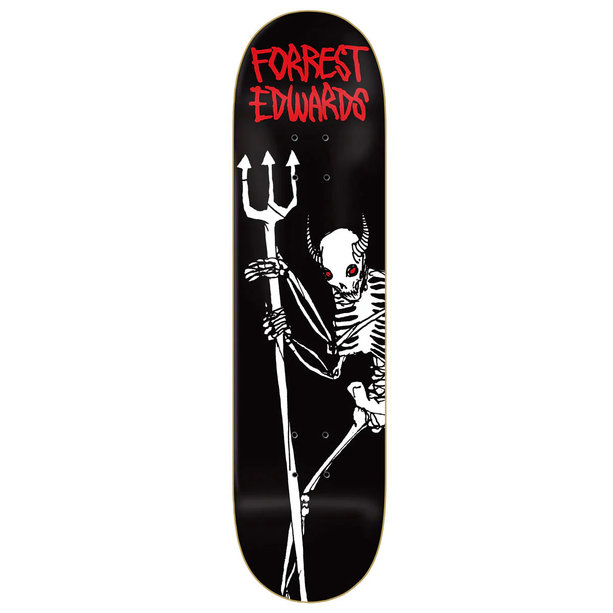 Skateboard deck with skeleton holding a trident and 'Forrest Edwards' text on a black background