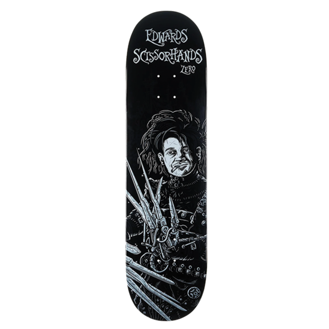 Skateboard deck with a black and white design on a white background
