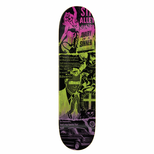 Skateboard deck with graphic design on a white background