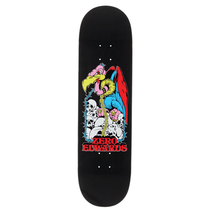 Skateboard deck with colorful graphic design on a white background