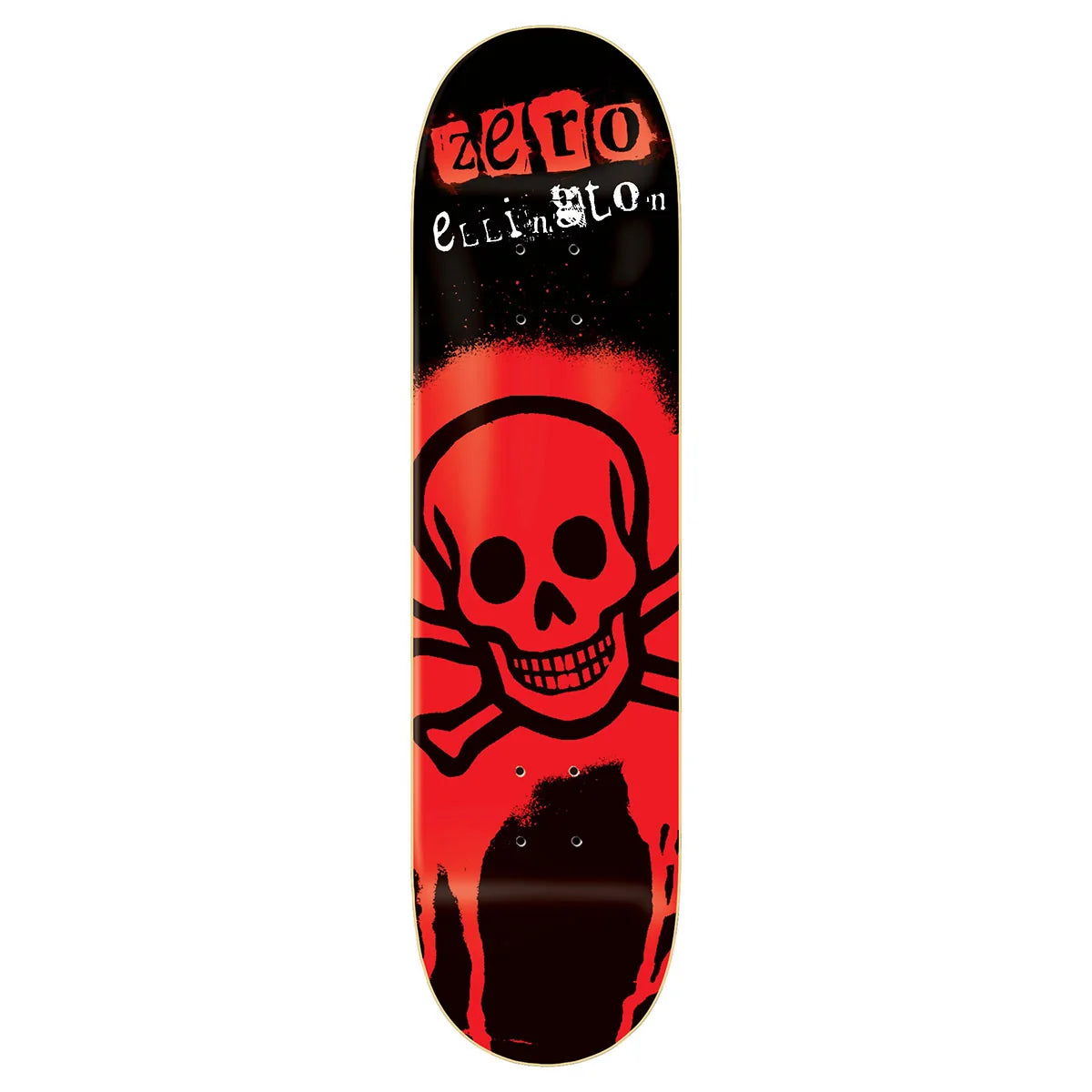 A skateboard deck shown vertically against a plain white background. The deck features a black and red graphic design with a large skull and crossbones motif, a red spray-paint style 'zero' logo at the top, and white 'ellington' text.