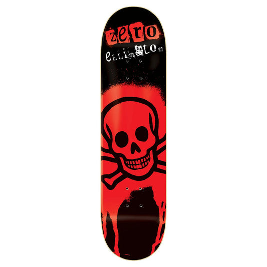 A skateboard deck shown vertically against a plain white background. The deck features a black and red graphic design with a large skull and crossbones motif, a red spray-paint style 'zero' logo at the top, and white 'ellington' text.