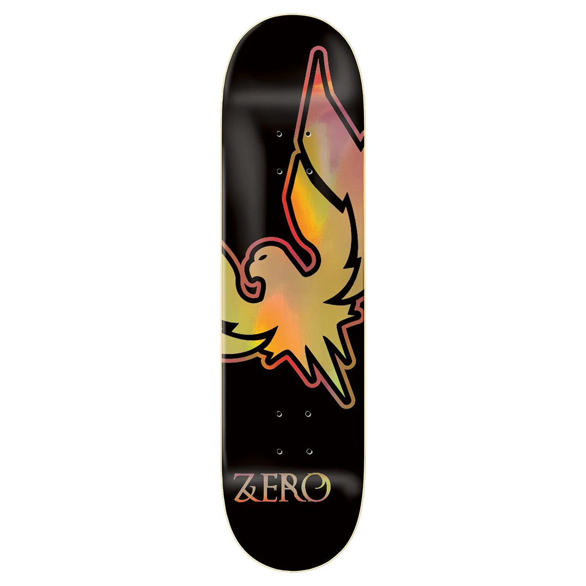A skateboard deck with a black background and a large stylized bird graphic in yellow, orange, and pink tones, with the word 'ZERO' printed near the bottom.