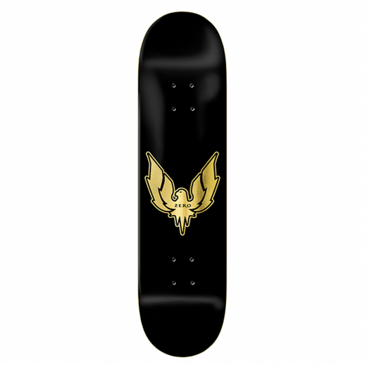Black skateboard deck with a gold logo on a white background