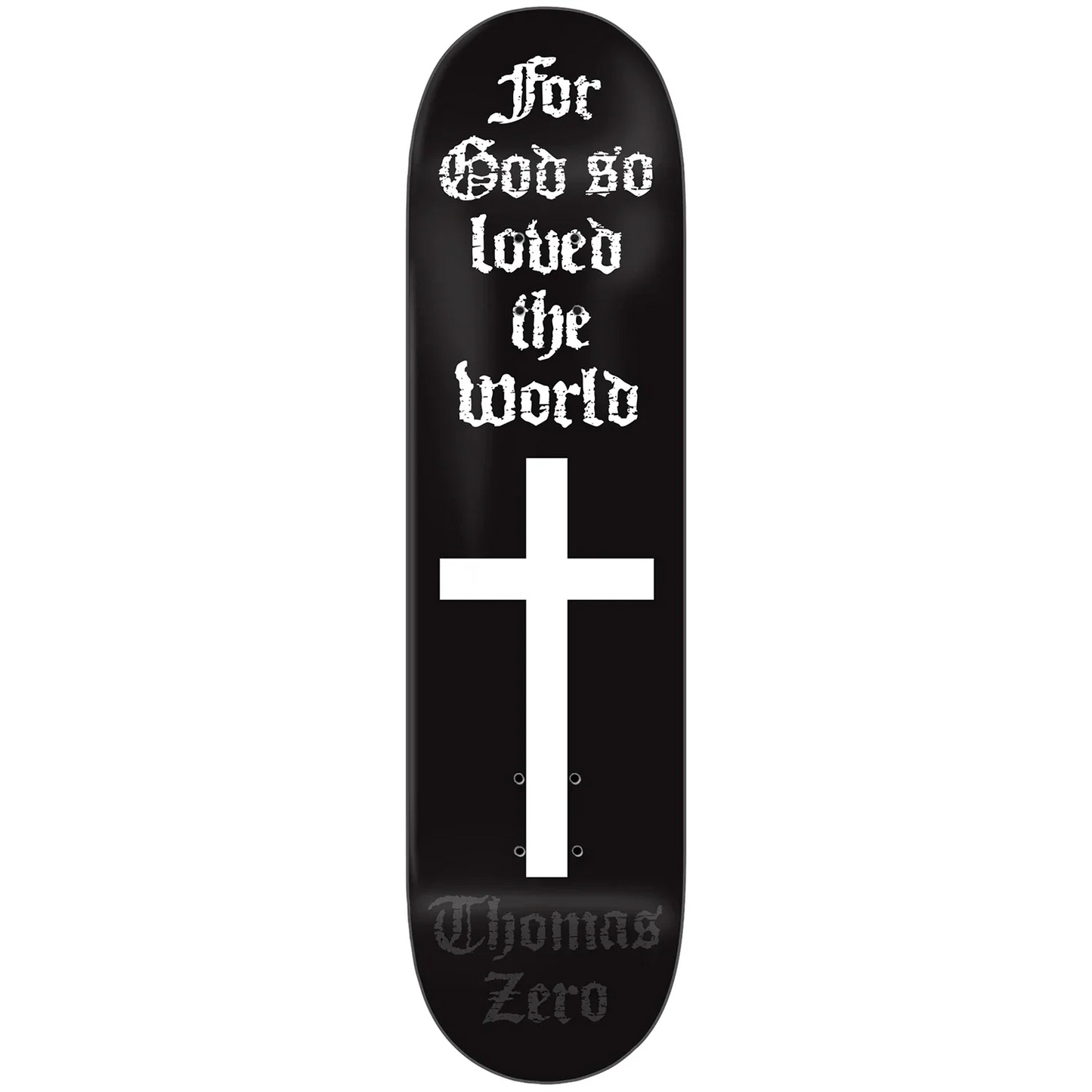 Black skateboard deck with white cross and text on a white background