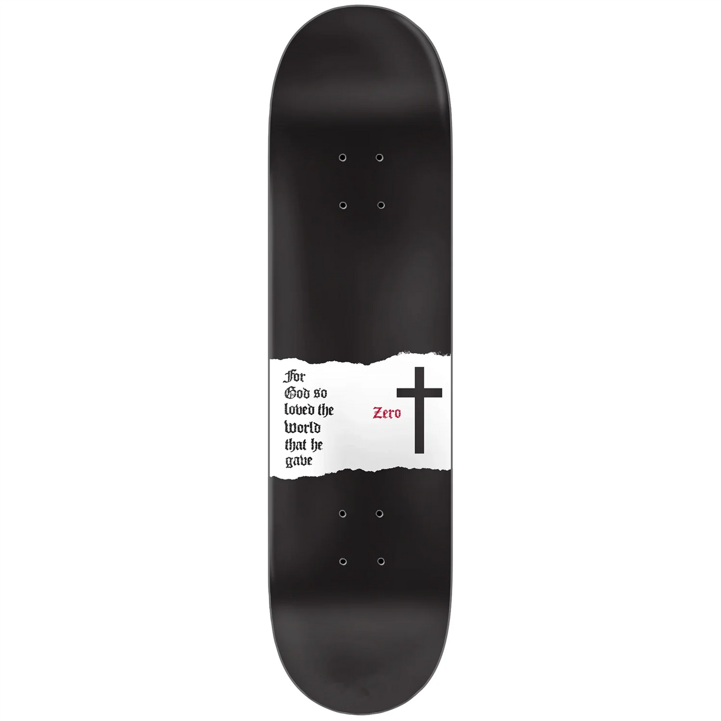 Black skateboard deck with white text and a cross design on a white background