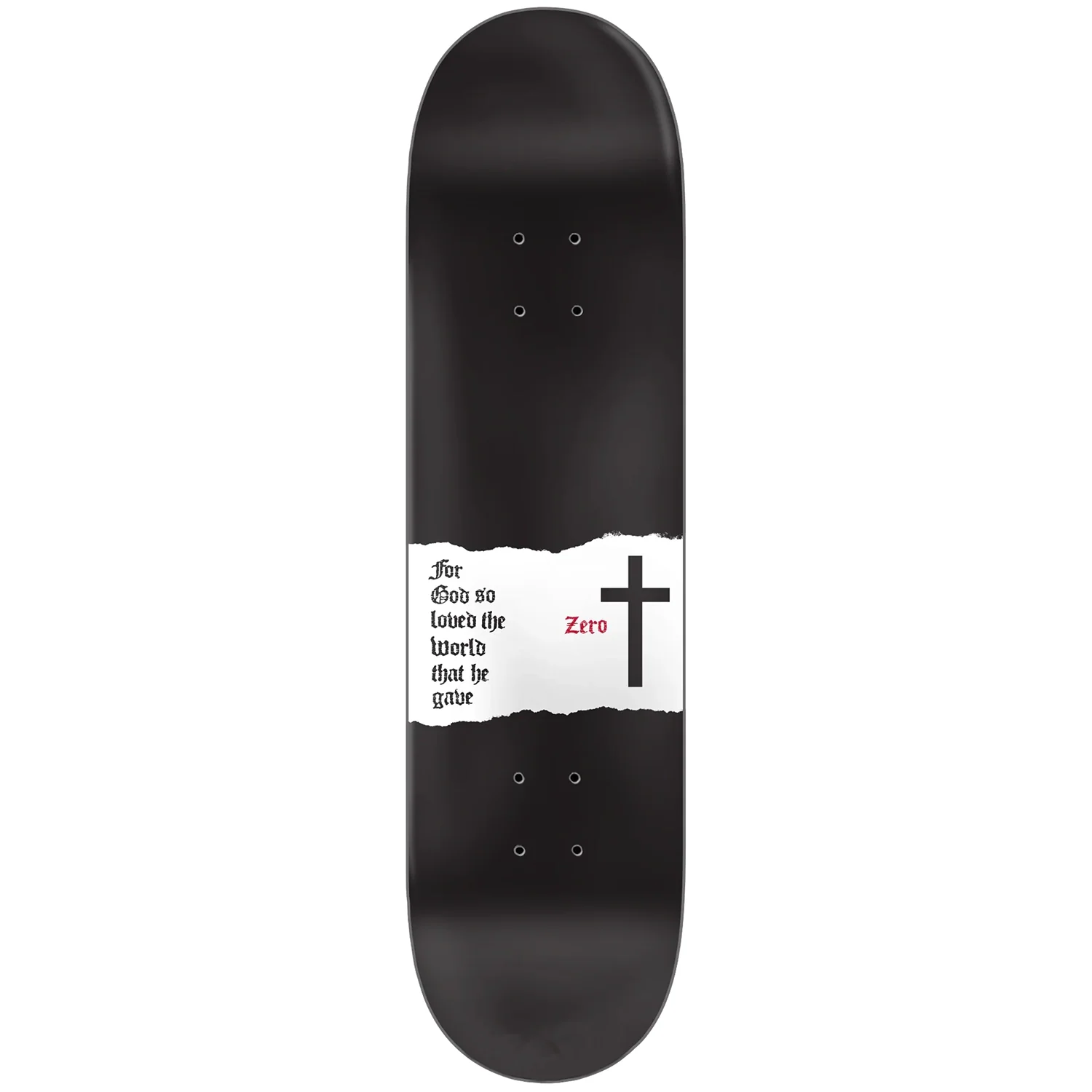 Black skateboard deck with white text and a cross design on a white background