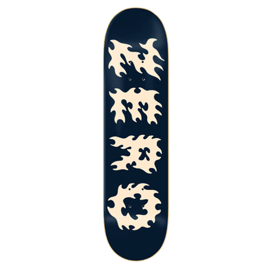 Skateboard deck with white abstract designs on a navy background