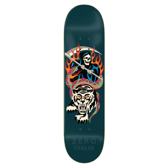 Skateboard deck with a colorful graphic design on a white background