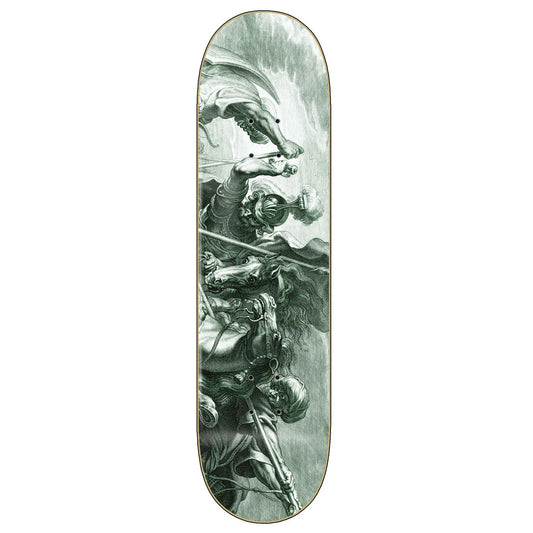Skateboard deck with a detailed graphic design on a white background