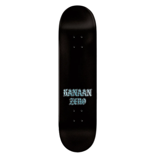 Black skateboard deck with 'Kanaan Zero' branding on a black background