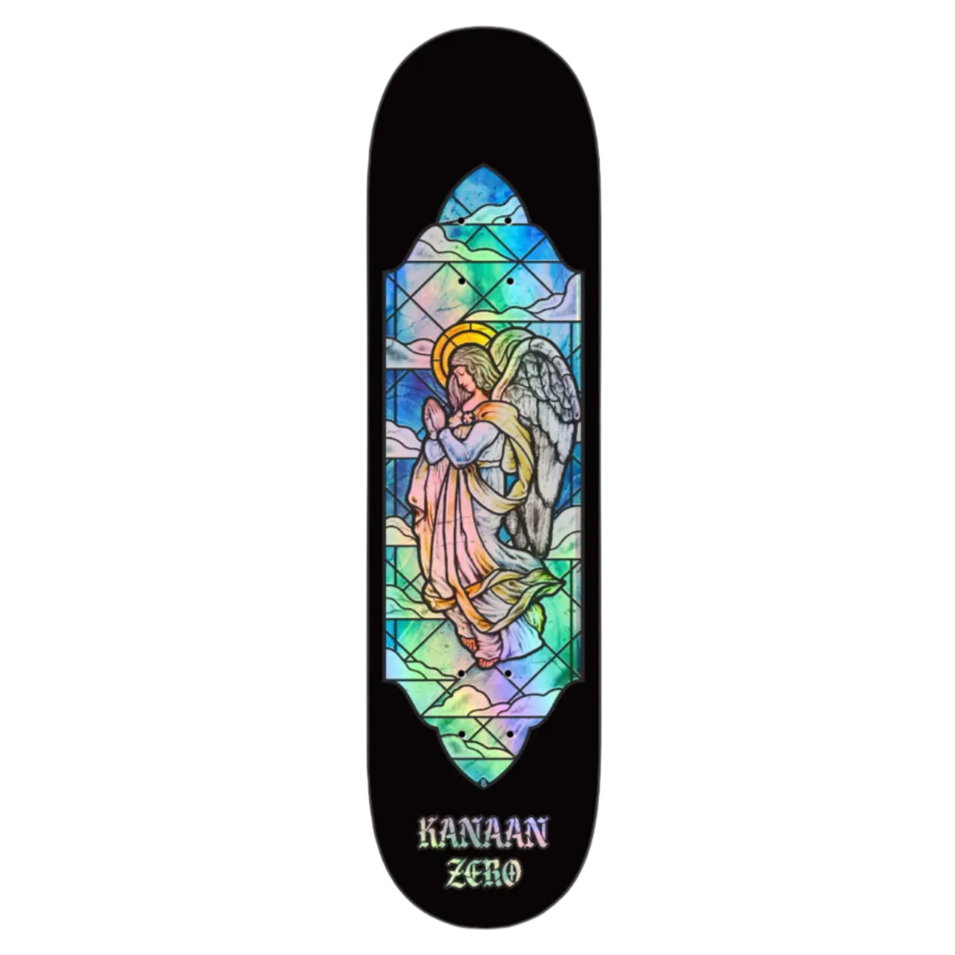Skateboard deck with stained glass angel design and 'Kanaan Zero' branding on a white background.
