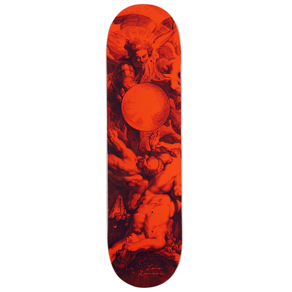 Skateboard deck with red and black artistic design on a white background