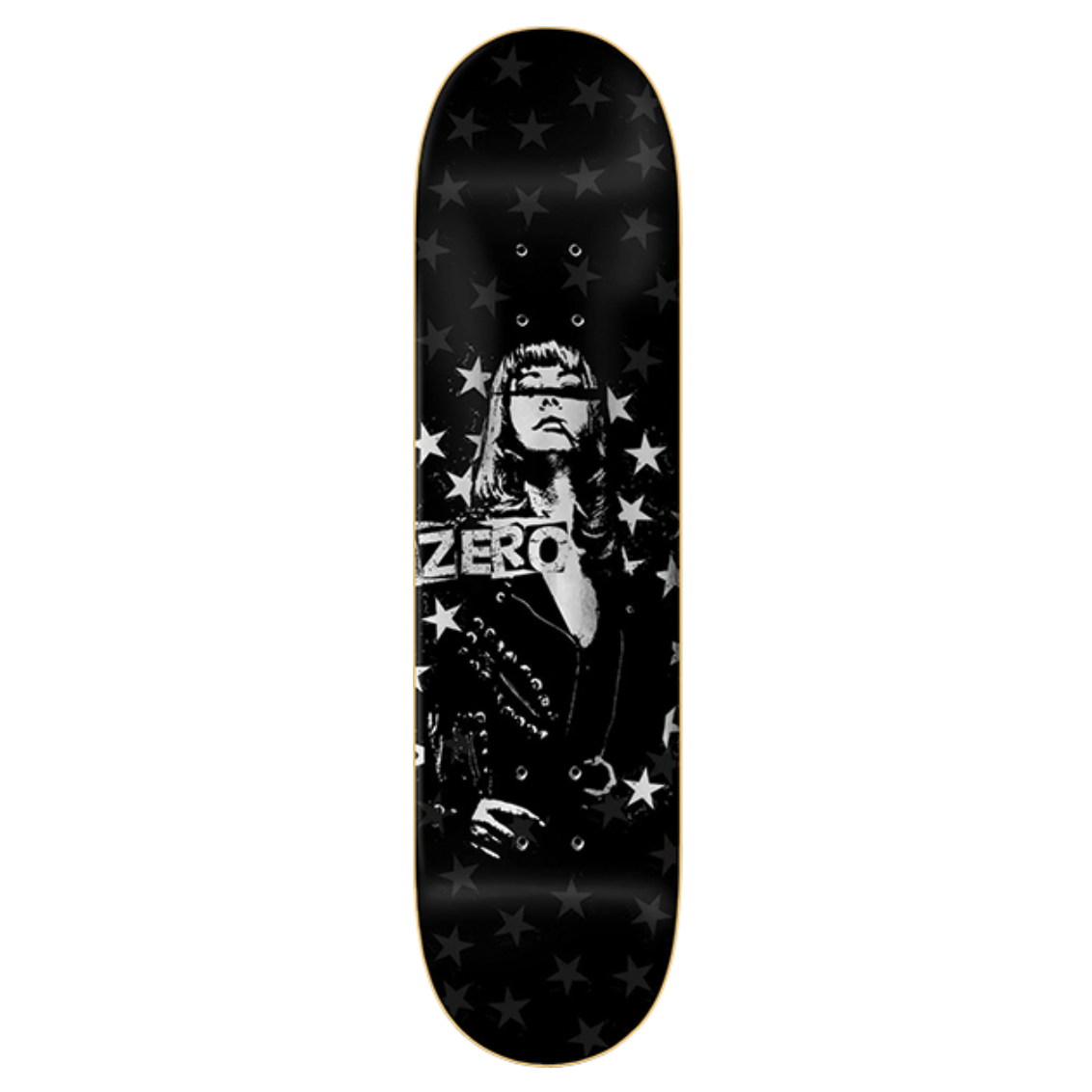 Black skateboard deck with white graphics and 'Zero' branding on a white background