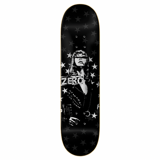 Black skateboard deck with white graphics and 'Zero' branding on a white background