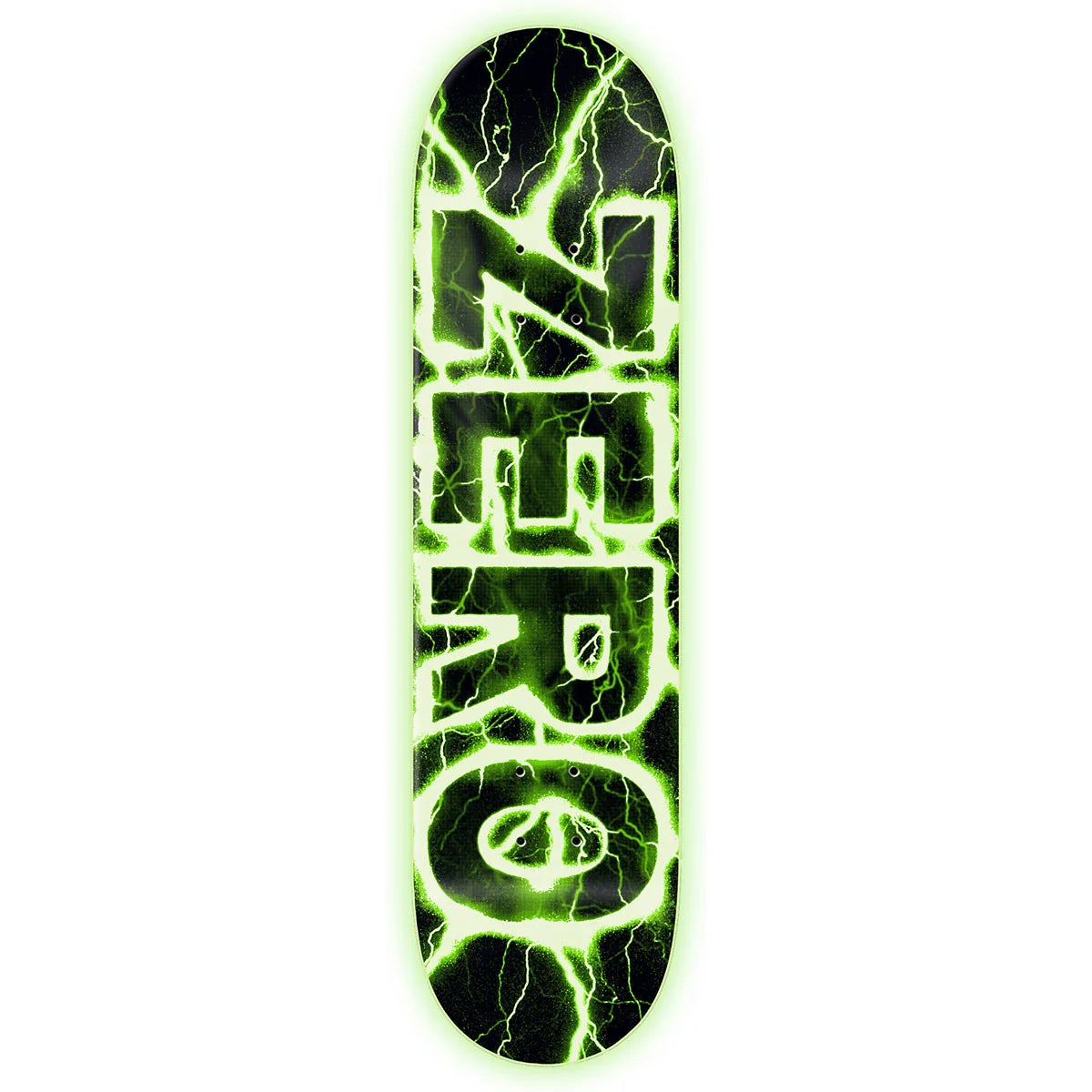 A skateboard deck featuring a black background with a bright neon green lightning bolt pattern and the word 'ZERO' printed vertically in large black letters outlined in neon green.