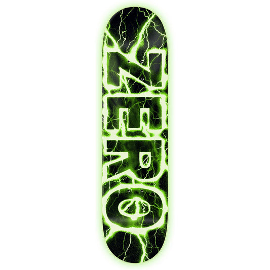 A skateboard deck featuring a black background with a bright neon green lightning bolt pattern and the word 'ZERO' printed vertically in large black letters outlined in neon green.