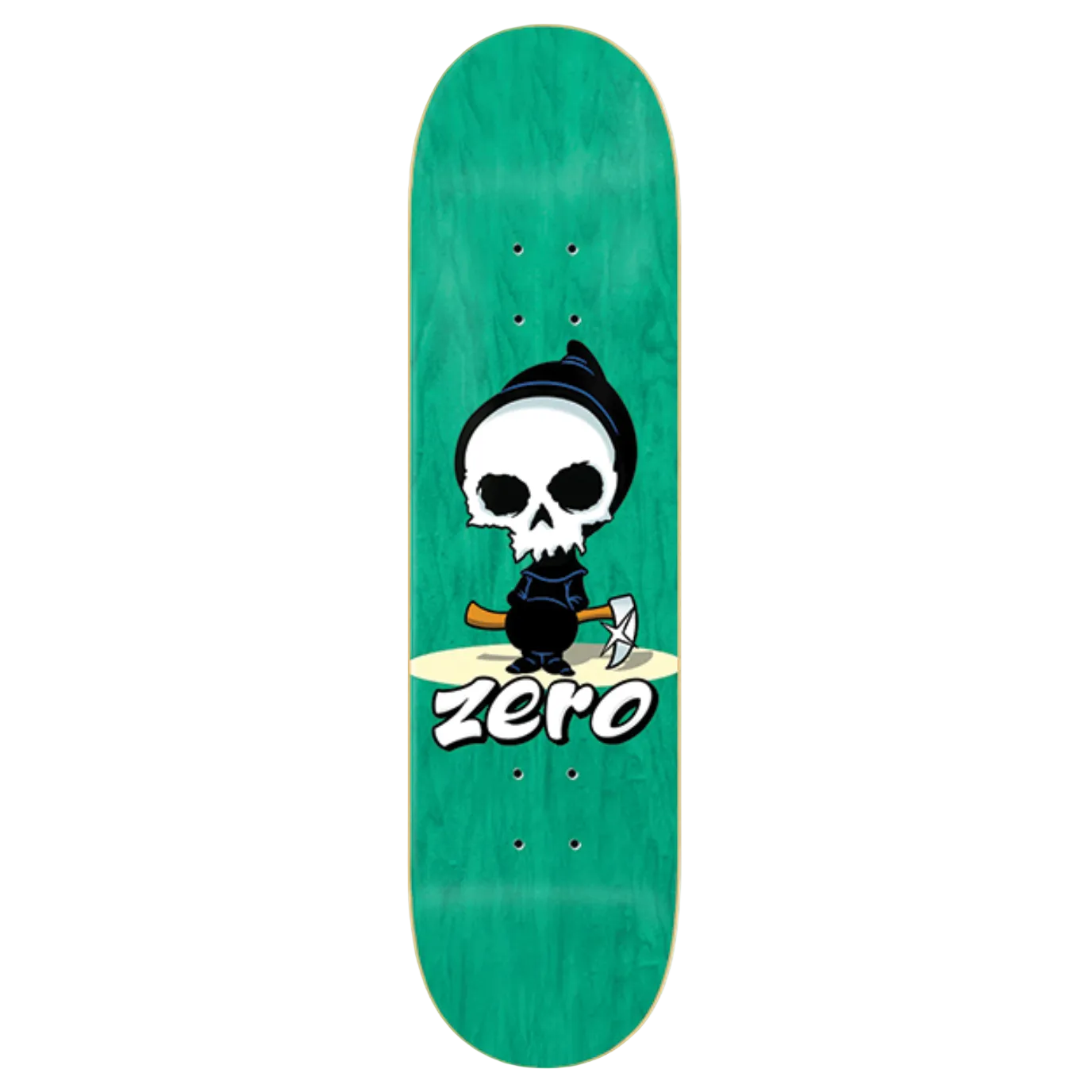 Green skateboard deck with a skull design and 'zero' branding on a white background