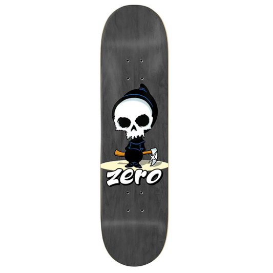 Skateboard deck with a skull design and 'Zero' branding on a white background