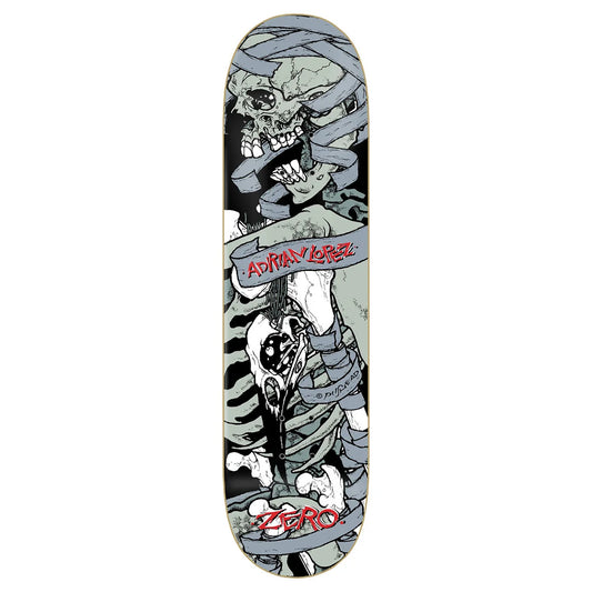 A skateboard deck featuring a detailed graphic illustration of a mummy wrapped in bandages, with the words 'Adrian Lopez' and 'ZERO' in red stylized text.
