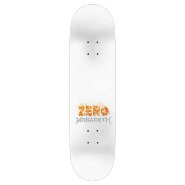 White skateboard deck featuring a 'Zero' graphic in orange flames above the 'Megadeth' band name in gray.