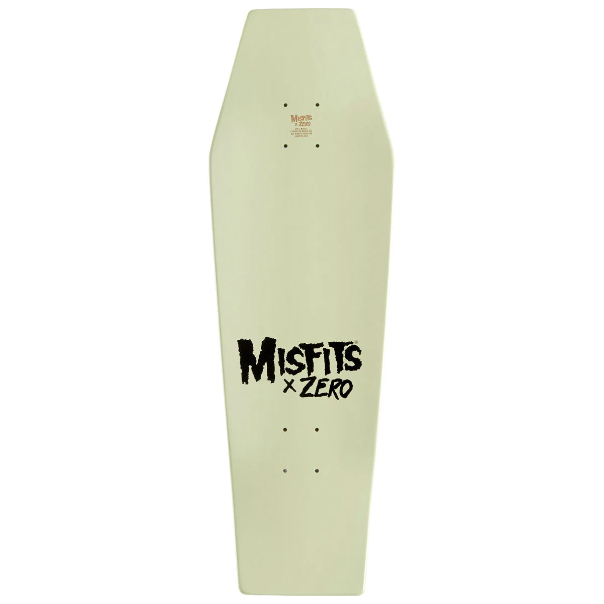 Light green skateboard deck with 'Misfits x Zero' text on a white background