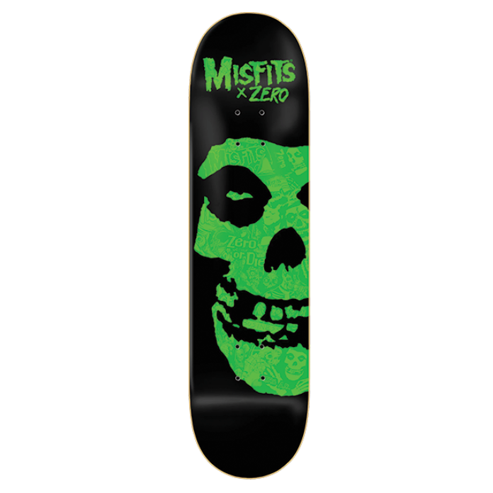 Skateboard deck with green skull design and 'Misfits x Zero' branding on a white background