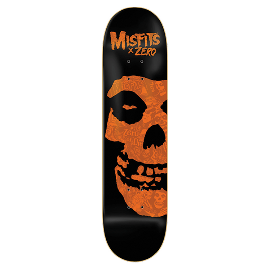 Skateboard deck with a skull design and 'Misfits x Zero' branding on a white background