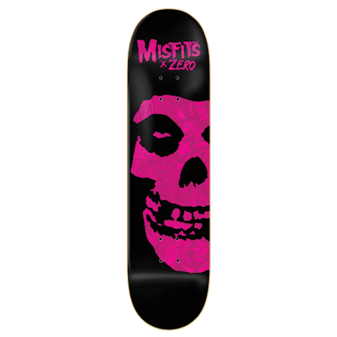 Skateboard deck with pink skull design and 'Misfits x Zero' branding on a white background