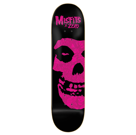 Skateboard deck with pink skull design and 'Misfits x Zero' branding on a white background