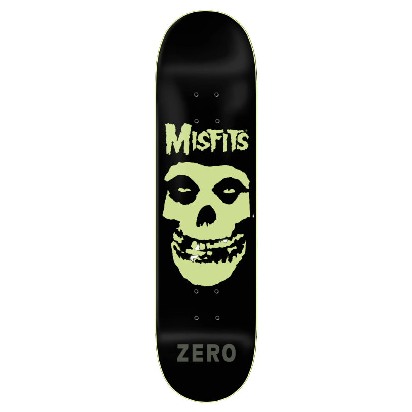 Skateboard deck with Misfits logo and skull design on a black background