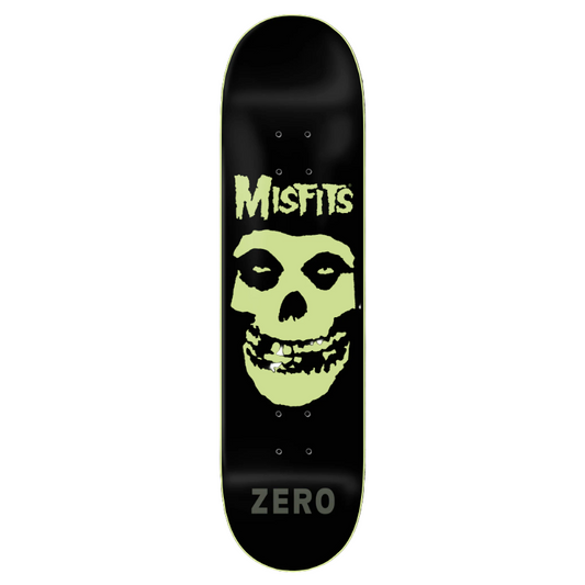 Skateboard deck with Misfits logo and skull design on a black background