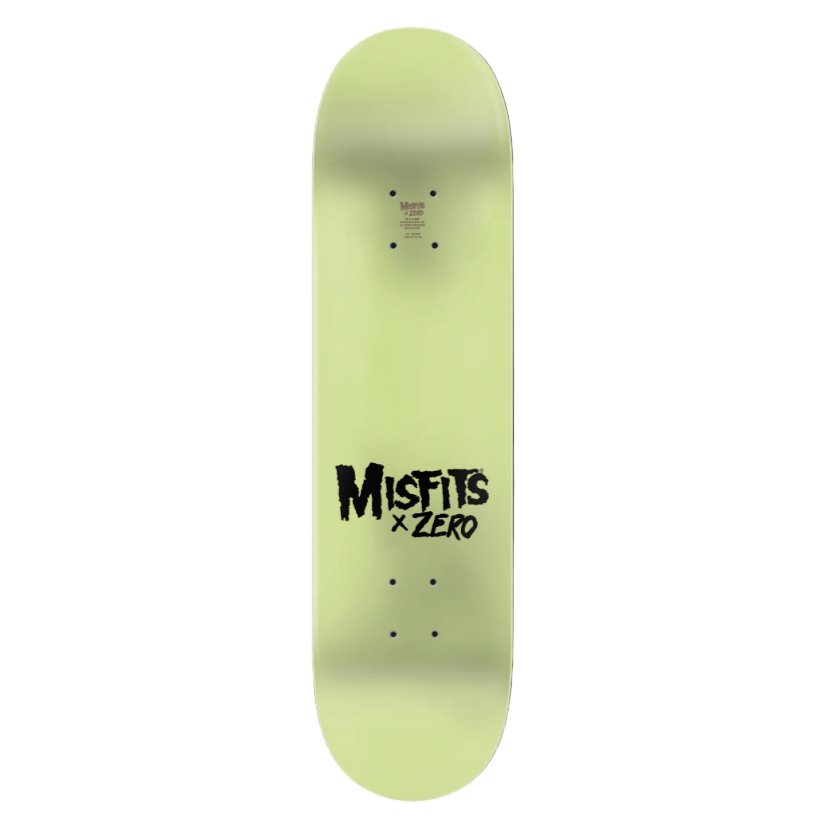 Skateboard deck with 'Misfits x Zero' logo on a black background