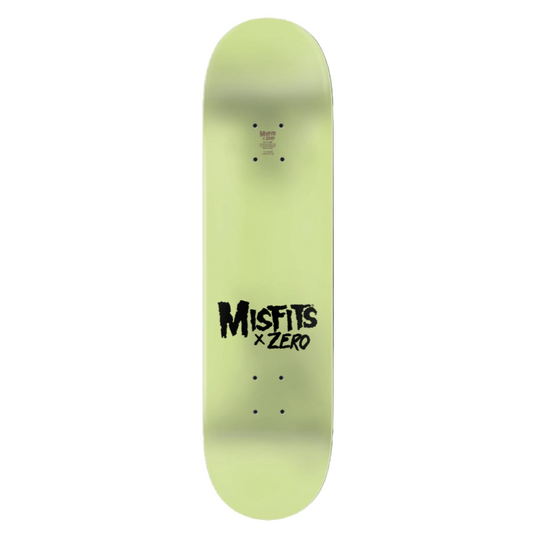 Skateboard deck with 'Misfits x Zero' logo on a black background