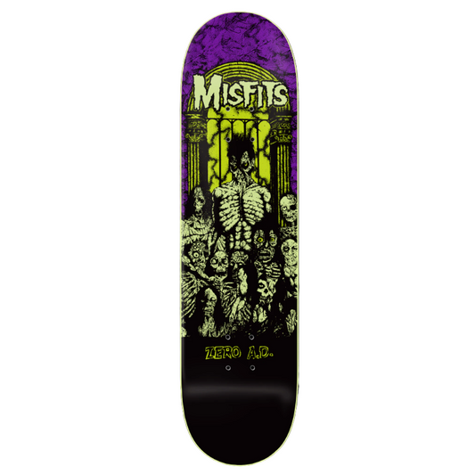Skateboard deck with 'Misfits' and 'Zero A.D.' graphics on a black background
